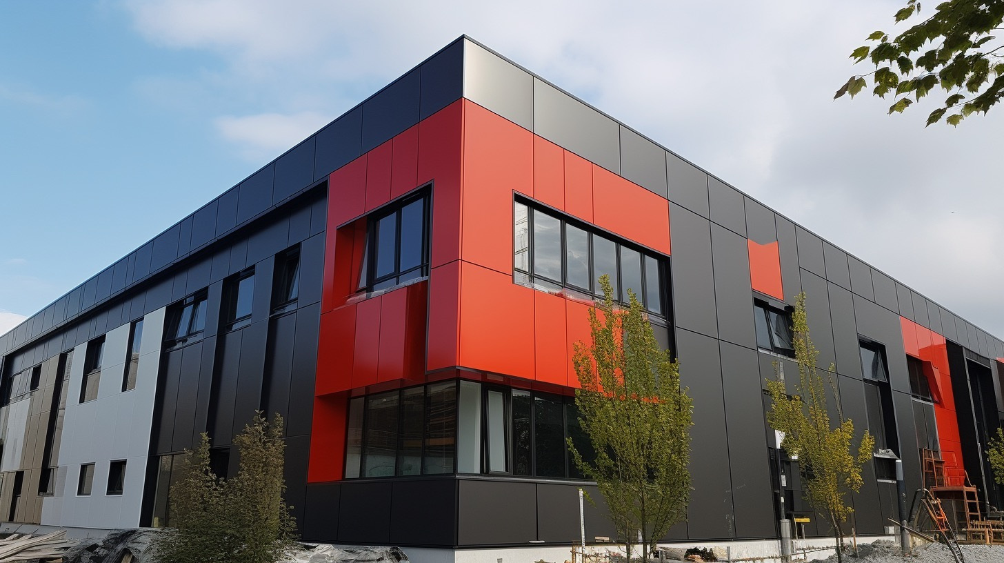 Red and grey panel facade illustrated in the catalogue