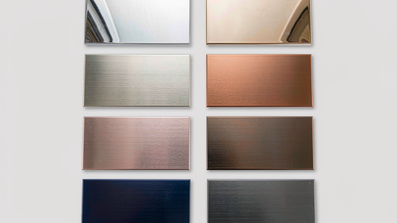 A2 fire-rated metal color series — silver, brushed, champagne, copper, rose, bronze, navy, charcoal
